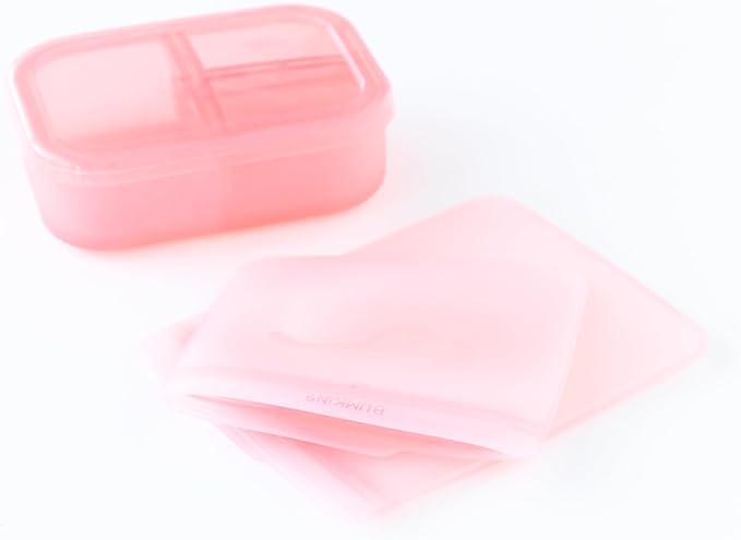 Bumkins - Silicone Bento Box & Reusable Snack Bag Set - 3 Sections & Leak-Proof Lid - Food Safe - 2 Zip Bags - Washable, Microwave, Freezer & Dishwasher Safe - 3 pack - Pink