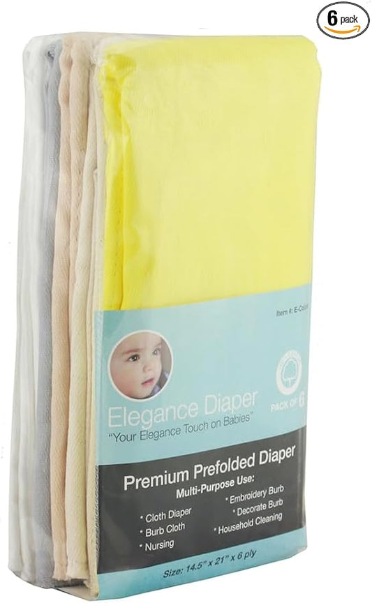 – Prefold Cloth Diaper | 6-Pack | Neutral Assorted| 100% Cotton | Soft, Absorbent, Reusable | Crafted with Care for Your Baby or Next DIY proyect | 14"x21" | 4x6x4 Layer