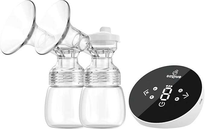 Saglve Breast Pumps,Double Electric Breast Pump Portable with 4 Modes & 9 Levels,320mmHg Strong Suction,10 Breastmilk Storage Bags,2 Size Flanges,LED Display,Rechargeable Portable Pump Breastfeeding