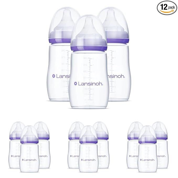Lansinoh Anti-Colic Baby Bottles for Breastfeeding Babies,8 Ounces,Includes Medium Flow Nipples,Size M,(Pack of 12)