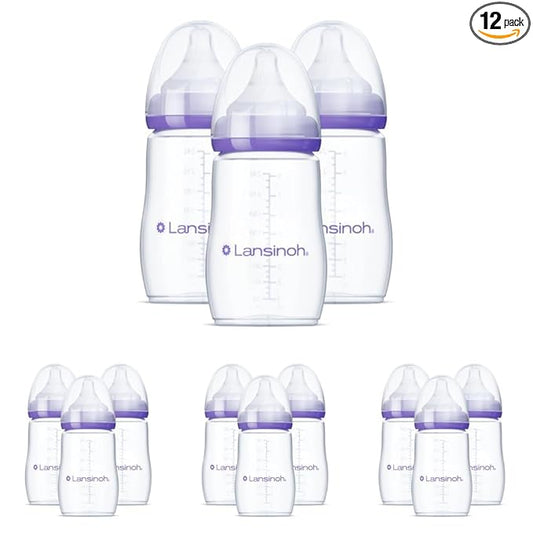 Lansinoh Anti-Colic Baby Bottles for Breastfeeding Babies,8 Ounces,Includes Medium Flow Nipples,Size M,(Pack of 12)