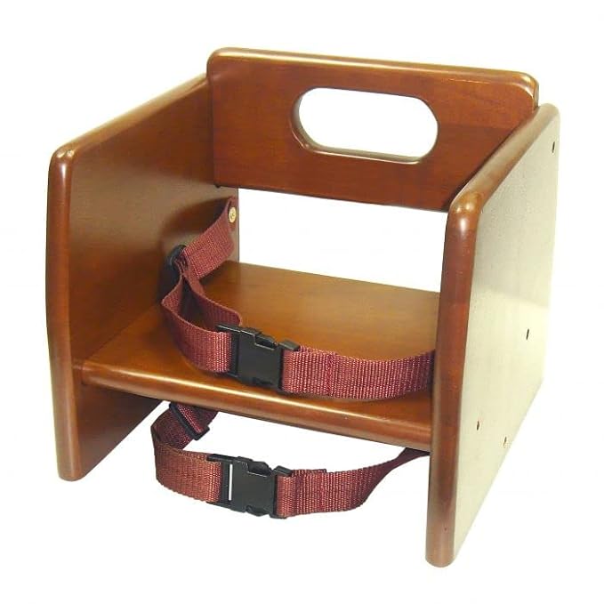 TrueCraftware–17" Children Booster Seat Walnut Wood Finished Rubber Wood with Harness Straps Seat Back Support Maximum Knock-Down Package Stackable Booster Seat for Dining Table