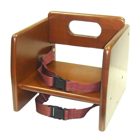 TrueCraftware–17" Children Booster Seat Walnut Wood Finished Rubber Wood with Harness Straps Seat Back Support Maximum Knock-Down Package Stackable Booster Seat for Dining Table