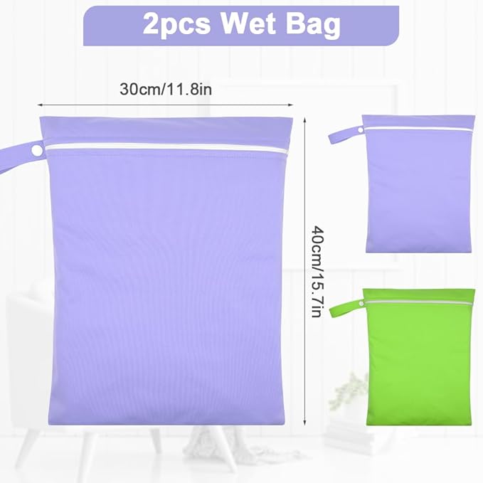 2PCS Wet Bags, Reusable Cloth Diaper Bags with Handle and Zipper, Lightweight Waterproof Travel Laundry Bag, Washable Wet Dry Bag for Baby Items Travel Beach Swimming Gym Camping(Green&Purple)