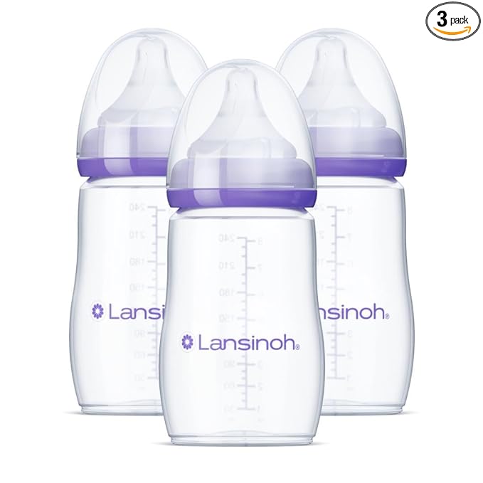 Lansinoh Anti-Colic Baby Bottles, BPA-Free Plastic, 8 Ounces, 3 Count, Medium Flow Nipples (Size M), Breastfeeding Bottle with NaturalWave Design, Baby Essentials