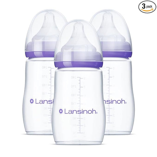 Lansinoh Anti-Colic Baby Bottles, BPA-Free Plastic, 8 Ounces, 3 Count, Medium Flow Nipples (Size M), Breastfeeding Bottle with NaturalWave Design, Baby Essentials