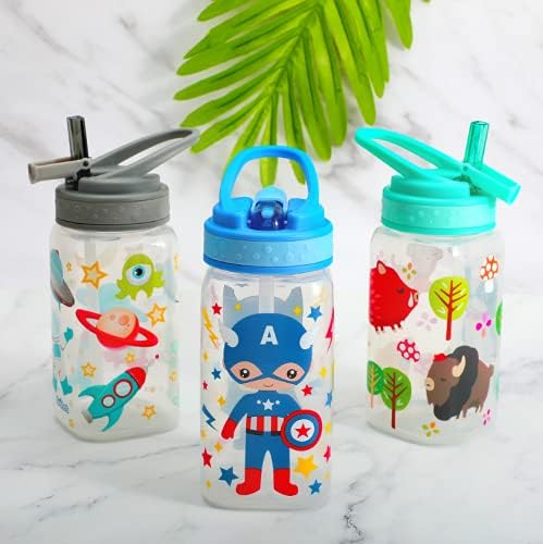 15oz Kids Water Drinking Bottle - BPA Free, Wide Mouth, Flip Sip Top, Easy Open, Lightweight, Leak-Proof Water Bottle with Cute Design For Girls & Boys - 3 Pack Animal & Hero & Space