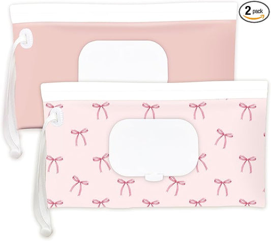 Wipe Dispenser and Wipes Container, 2 Pack Reusable Wipes Holder and Travel Wipes Case, Refillable Pouch for Baby Essentials, blush& bow Design (Blush)