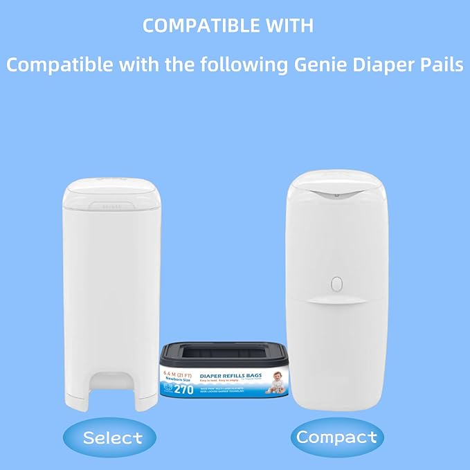 6 Packs Standard Square Refills Disposal Bags Refill Compatible with Diaper Genie Compact, Select Pails, Classic Version Pails, Hold Up to 270 Newborn-Sized Diapers Per Refill