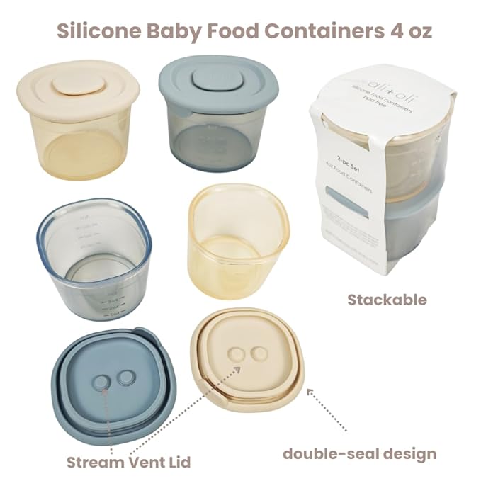 Ali+Oli Silicone Baby Food Containers (4oz) 2-pk Reusable Leakproof Snack Storage with Airtight Lids – Freezer & Microwave Safe for Infant and Kids Meals (Sky-Khaki)