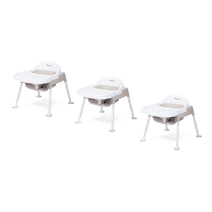 Foundations Secure Sitter 7-13" Adjustable Height Feeding Chair, 3 Pack, Stable “No Tip” Feet, 3-Point Adjustable Harness, Removable Tray, Easy to Clean, Smooth Plastic, White/Tan
