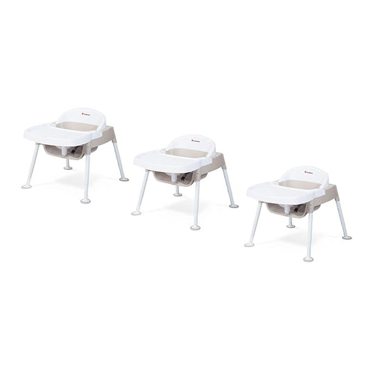 Foundations Secure Sitter 7-13" Adjustable Height Feeding Chair, 3 Pack, Stable “No Tip” Feet, 3-Point Adjustable Harness, Removable Tray, Easy to Clean, Smooth Plastic, White/Tan