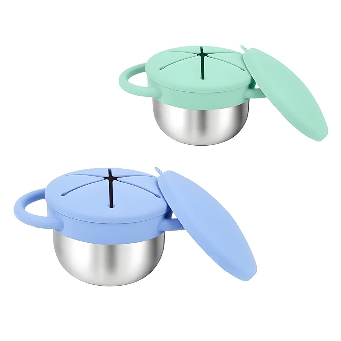 Toddler Snack Cups with Lid Spill Proof, Stainless Steel Baby Toddler Kids Snack Containers, 2 Pack Snack Catcher (Blue&Green)