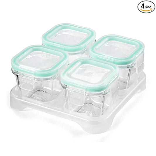 Matyz 4-Pack Glass Baby Food Containers with Airtight Lids and Stackable Tray (Mint Green, 3 OZ Each) - Glass Food Containers Freezer Safe for Baby Toddler - Stackable Baby Food Containers Glass