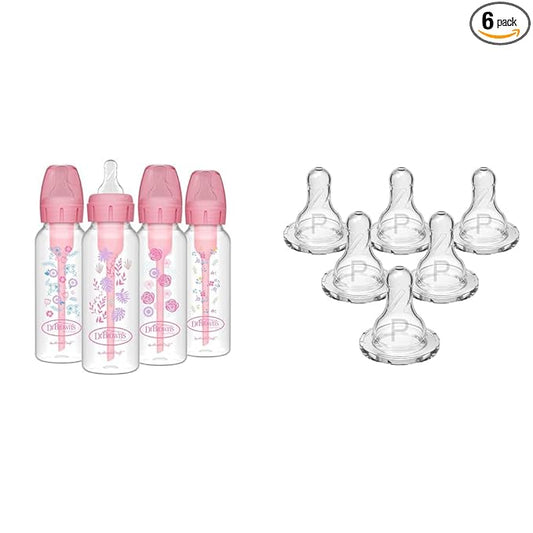 Dr. Brown's Natural Flow Anti-Colic Options+ Narrow Baby Bottles, Floral Designs, 8oz/250mL, Pink, 0m+ & Dr. Brown’s Natural Flow Preemie Flow Narrow Baby Bottle Silicone Nipple, 6 Count