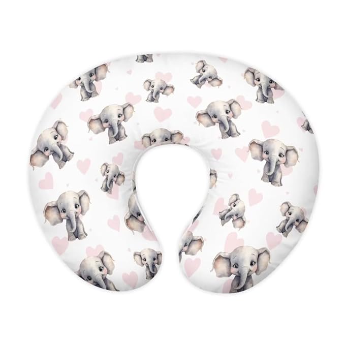 Jeiento Elephant Nursing Pillow Covers Pink Heart Nursing Pillow Slipcovers Elastic＆Soft Breastfeeding Pillow Slipcover,Tummy Time, Baby Sitting Support, Awake-Time Support,Pillow Cover Only