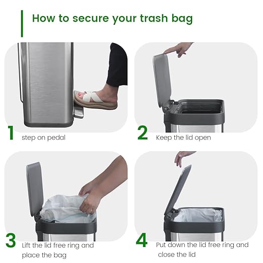 13 Gallon Trash Can, Large Kitchen Garbage Can with Lid, Stainless Steel Trash Bin Liner Free, Step Peal Garbage Bin, Metal Trash Can with Soft Closed&Stay Open Lid, 50 Liter, Silver