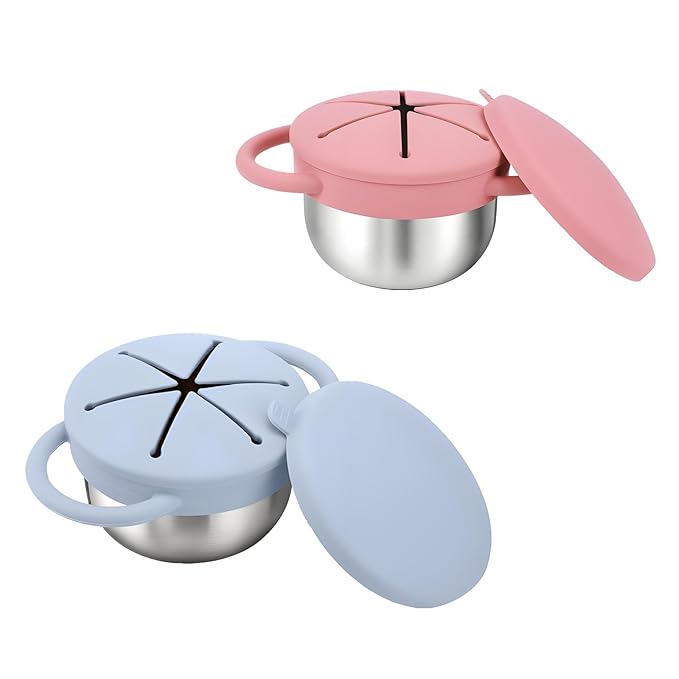 Toddler Snack Cups with Lid Spill Proof, Stainless Steel Baby Toddler Kids Snack Containers, 2 Pack Snack Catcher (Light Blue&Pink)