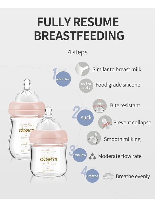 Oberni Glass Baby Bottles,Anti Colic Breastfeeding Bottle with Natural Response Nipple Size S,Wide Neck Slow Flow Baby Bottle for Baby,Newborn,Preemie 0-3 0-6 Month,BPA Free (Pink, 2 Pack, 5 Ounce)