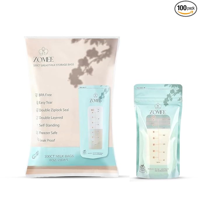 Zomee Breast Milk Storage Bags 8oz – Leakproof Double-Zip Seal, Self-Standing, Easy-Pour Design, Freezer Safe, Pre-Sterilized, BPA & Phthalate Free – Bulk Pack of 100