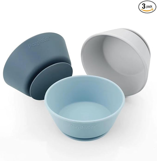 PandaEar 3 Pack Baby Suction Bowls|Silicone Food Bowls First Stage Feeding for Baby Toddler Infant Kids| Food Grade Soft Safe BPA-Free Silicone Toddler Bowls -Blue/Gray