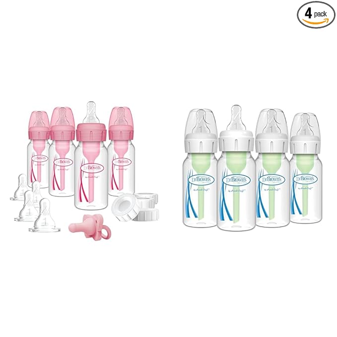 Dr. Brown's Anti-Colic 4 Piece Pink Feeding Set with Slow Flow Nipples & Dr. Brown's 4 Pack Anti-Colic 4 oz Narrow Baby Bottles