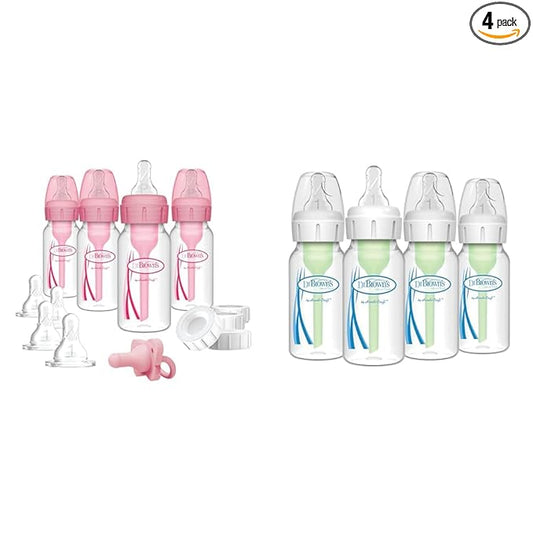 Dr. Brown's Anti-Colic 4 Piece Pink Feeding Set with Slow Flow Nipples & Dr. Brown's 4 Pack Anti-Colic 4 oz Narrow Baby Bottles