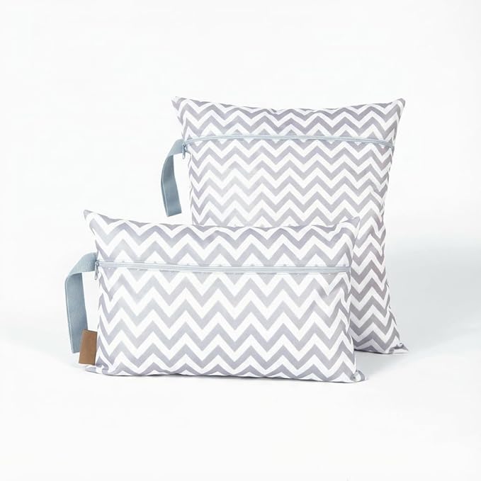 Hamur Wet Bag Set – 2 Pack Reusable Waterproof & Mess-Proof Bags (1 Large 12.6×14.6 in + 1 Small 12.6×7.9 in) | Washable at 40 °C, Lightweight Storage for Baby, Travel & Gym Essentials(Zigxag Gray)