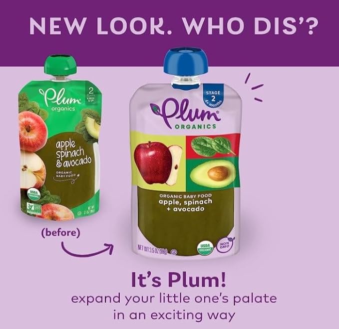 Plum Organics - 6+ Months Organic Baby Food - Apple, Spinach, & Avocado - Non-GMO - Fruit & Veggie Blends On-The-Go Pouches for Baby & Toddler Meals - Quality Tested Ingredients - 3.5 oz (Pack Of 12)
