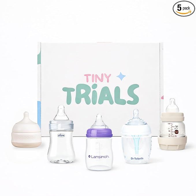 Baby Bottle Trial Pack Variety Box for Newborns & Infants – 5 Bottles Featuring Chicco, Dr. Talbot’s, MAM, Lansinoh & Babaloo – Anti-Colic, Breastfeeding-Friendly Baby Registry Gift, Tiny Trials