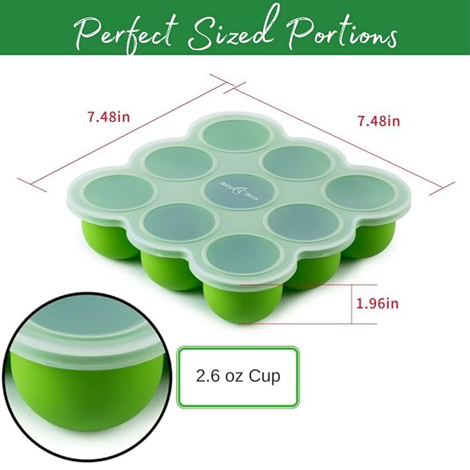 Silicone Baby Food Storage Container and Freezer Tray - Food-Grade Silicone Mold with Clip-On Lid - 9 x 2.5 Oz Easy Out Portions (Green)
