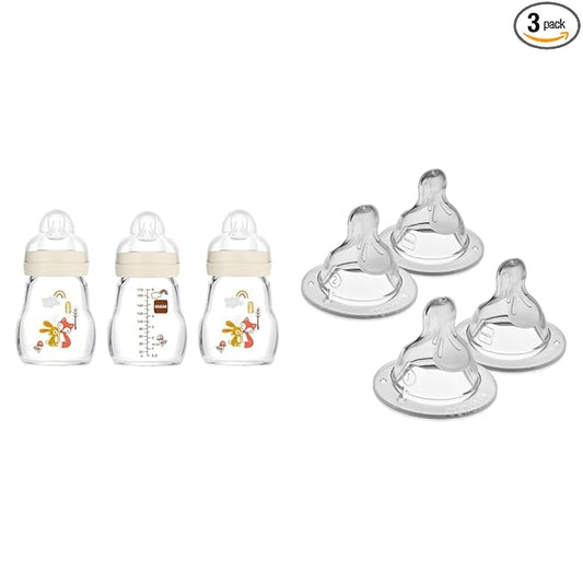 Mam Feel Good Glass Bottles, 5oz, 0+ Months, 3 Pack - Mixed Flow Nipples: Level 1 Slow, Level 2 Medium (4 Pack)