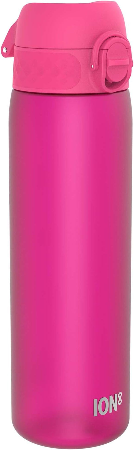 Ion8 Water Bottle, 500 ml/18 oz, Leak Proof, Easy to Open, Secure Lock, Dishwasher Safe, BPA Free, Hygienic Flip Cover, Carry Handle, Fits Cup Holders, Easy Clean, Odor Free, Carbon Neutral, Hot Pink