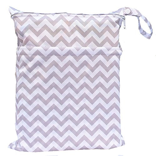 Medium Wet Dry Bag Baby Cloth Diaper Nappy Insert Bag Reusable Washable With Two Zippered Pockets (Grey Chevron)