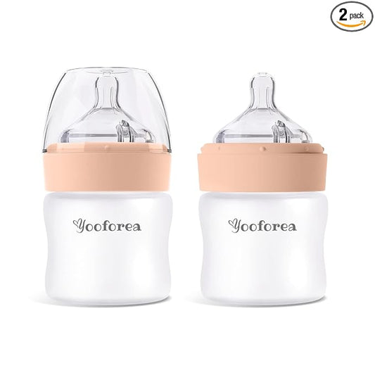 Yooforea Silicone Coated Glass Baby Bottle, 0M+ Slow Flow Nipple I Anti-Colic, Wide Neck, Stable Base I Medical-Grade Silicone Coating for Shatter Protection, BPA BPS PVC Free (2 Pack, 3 Ounce-Honey)