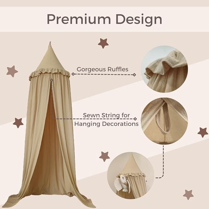 Wonder Space Kids Bed Canopy with Ruffles, Pastel Neutral Color for Boys & Girls, Frilled Cotton Tent Nursery Room Baby Crib Hanging Curtain Mosquito Netting Children Reading Nook Decoration (Khaki)