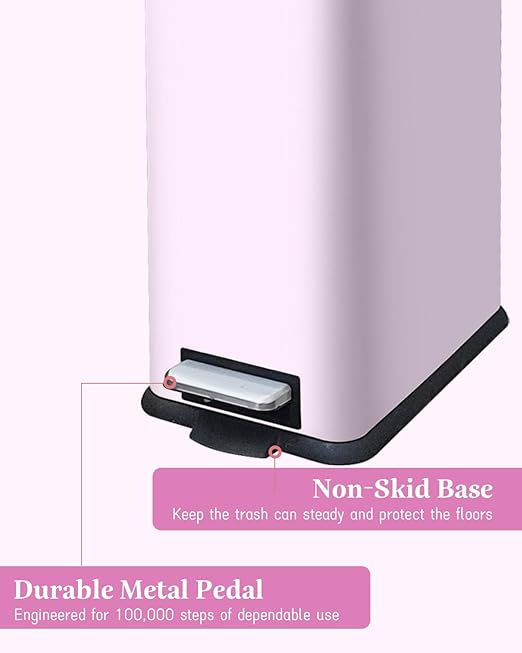 Pink Trash Can, 2.6 Gallon Bathroom Trash Can with Lid, Stainless Steel Garbage Can with Removable Liner Bucket, 10 Liter Rectangle Step Trash Bin for Office, Kitchen, Bedroom, Living Room
