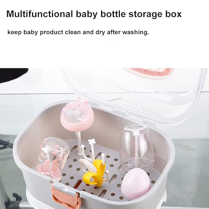 Baby Bottle Drying Rack Storage, Large Nursing Bottle Storage Box Organizer with Cover, Portable Kitchen Cabinet Organizer, Easy to Clean Drainer, Grey