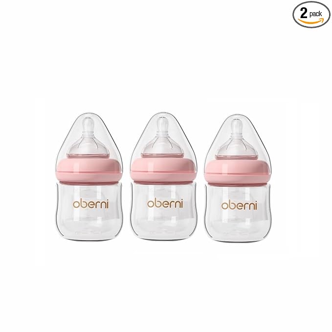 Oberni Glass Baby Bottles,Anti Colic Breastfeeding Bottle with Natural Response Nipple Size S,Wide Neck Slow Flow Baby Bottle for Baby,Newborn,Preemie 0-3 0-6 Month,BPA Free (Pink, 4 Ounce，3 Pack)