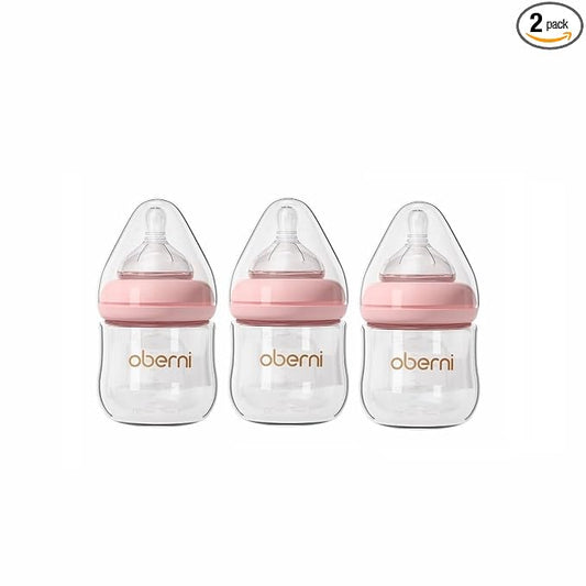 Oberni Glass Baby Bottles,Anti Colic Breastfeeding Bottle with Natural Response Nipple Size S,Wide Neck Slow Flow Baby Bottle for Baby,Newborn,Preemie 0-3 0-6 Month,BPA Free (Pink, 4 Ounce，3 Pack)