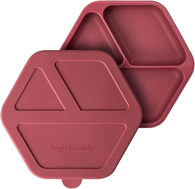 Tiny Twinkle Silicone Suction Baby Plate, Suction Grip Divided Dish for First Foods and Self-Feeding Toddlers, Baby Led Weaning Supplies for Independent Eating (Burgundy Plate with Lid)