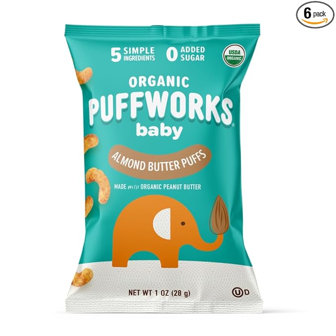 Puffworks Baby Organic Almond Butter Puffs, with Peanut Butter, Plant Protein, USDA Organic, Gluten-Free, No Added Sugar, Vegan, Non-GMO, Kosher, 1.0 Ounce (Pack of 6)