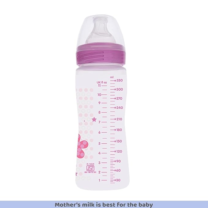 Chicco Well-Being 330 ml Feeding Plastic Bottle, Advanced Anti-Colic System, BPA Free, Hygienic Silicone Teat (Pink)