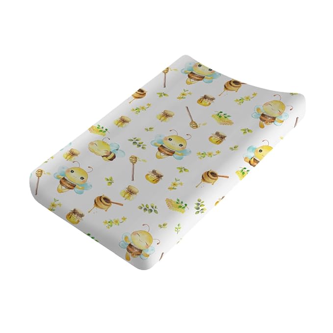 Cartoon Bees Boho Leaves Honey Changing Pad Covers for Baby Toddler, 32''x16'' Soft Breathable Polyester, Yellow, Bees & Flowers Pattern, Water Resistant, Machine Washable