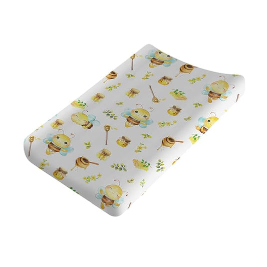 Cartoon Bees Boho Leaves Honey Changing Pad Covers for Baby Toddler, 32''x16'' Soft Breathable Polyester, Yellow, Bees & Flowers Pattern, Water Resistant, Machine Washable