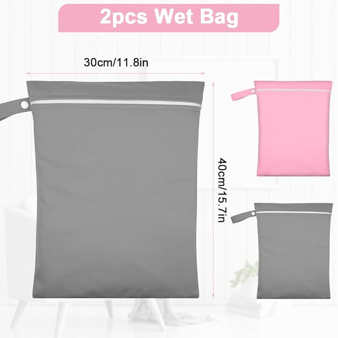 2PCS Wet Bags, Reusable Cloth Diaper Bags with Handle and Zipper, Lightweight Waterproof Travel Laundry Bag, Washable Wet Dry Bag for Baby Items Travel Beach Swimming Gym Camping(Grey&Pink)
