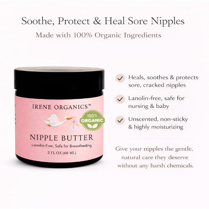 Irene Organics Organic Nipple Balm – Lanolin-Free Nipple Cream for Breastfeeding Moms – Natural Relief for Dry, Cracked Nipples – Safe for Nursing & Pumping, 2oz