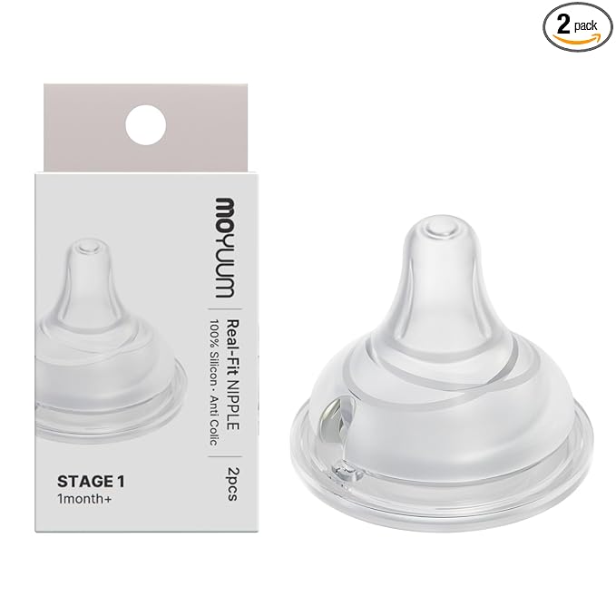 Moyuum Real-Fit Silicone Nipple for 3rd Gen Bottles, Slow Flow (Stage 1-1m+), Made in Korea - Perfect for Newborn, Anti-Colic Feed, Easy to Latch, from Breast to Bottle Transition | 2 Pack
