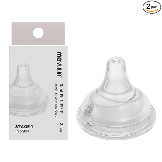 Moyuum Real-Fit Silicone Nipple for 3rd Gen Bottles, Slow Flow (Stage 1-1m+), Made in Korea - Perfect for Newborn, Anti-Colic Feed, Easy to Latch, from Breast to Bottle Transition | 2 Pack