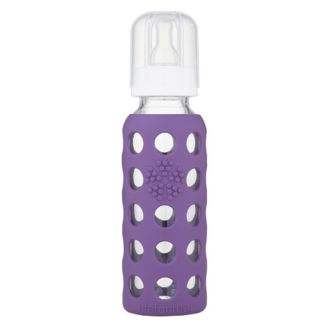 Lifefactory 9oz Glass Baby Bottle 2pk Bundle with 2 Stage 3 Nipples (Grape/Raspberry)